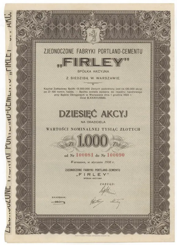 Zdjęcie akcji Zjednoczone Fabryki Portland-Cementu "Firley" Spółka Akcyjna