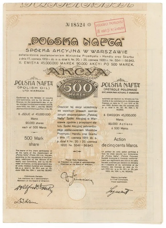 Zdjęcie akcji "Polska Nafta" Spółka Akcyjna w Warszawie