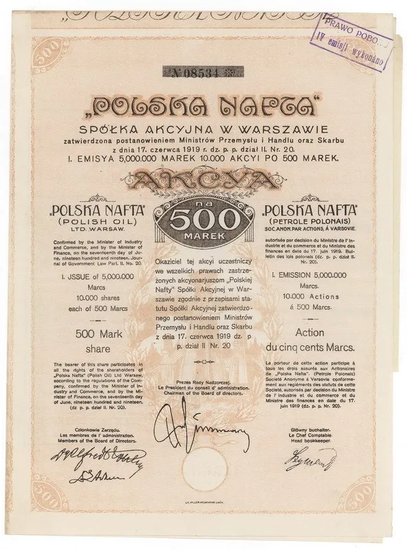 Zdjęcie akcji "Polska Nafta" Spółka Akcyjna w Warszawie