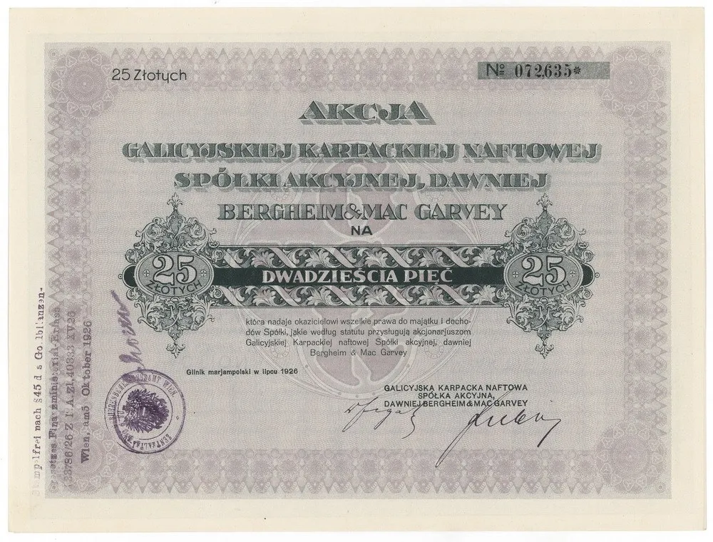 Zdjęcie akcji Galicyjska Karpacka Naftowa Spółka Akcyjna, dawniej Bergheim & Mac Garvey