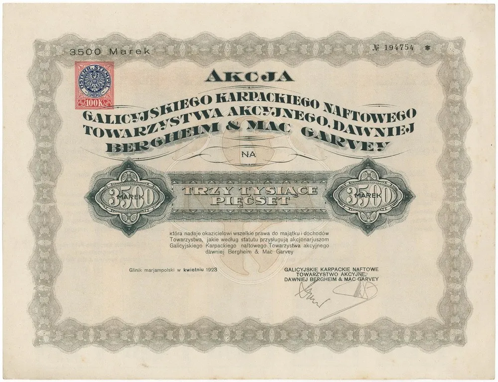 Zdjęcie akcji Galicyjskie Karpackie Naftowe Towarzystwo Akcyjne, dawniej Bergheim & Mac Garvey