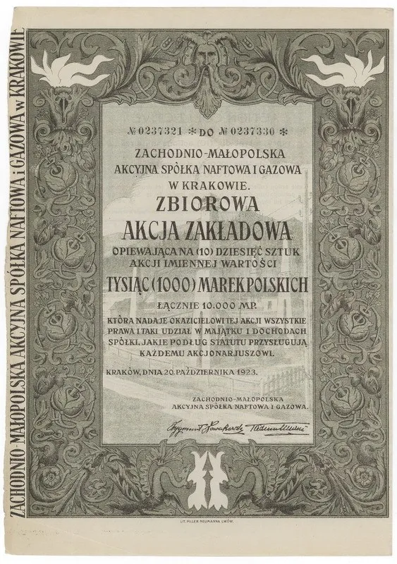 Zdjęcie akcji Zachodnio-Małopolska Akcyjna Spółka Naftowa i Gazowa w Krakowie