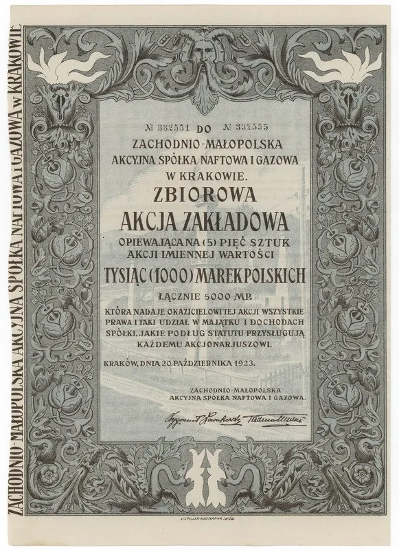 Zdjęcie akcji Zachodnio-Małopolska Akcyjna Spółka Naftowa i Gazowa w Krakowie