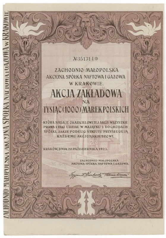 Zdjęcie akcji Zachodnio-Małopolska Akcyjna Spółka Naftowa i Gazowa w Krakowie