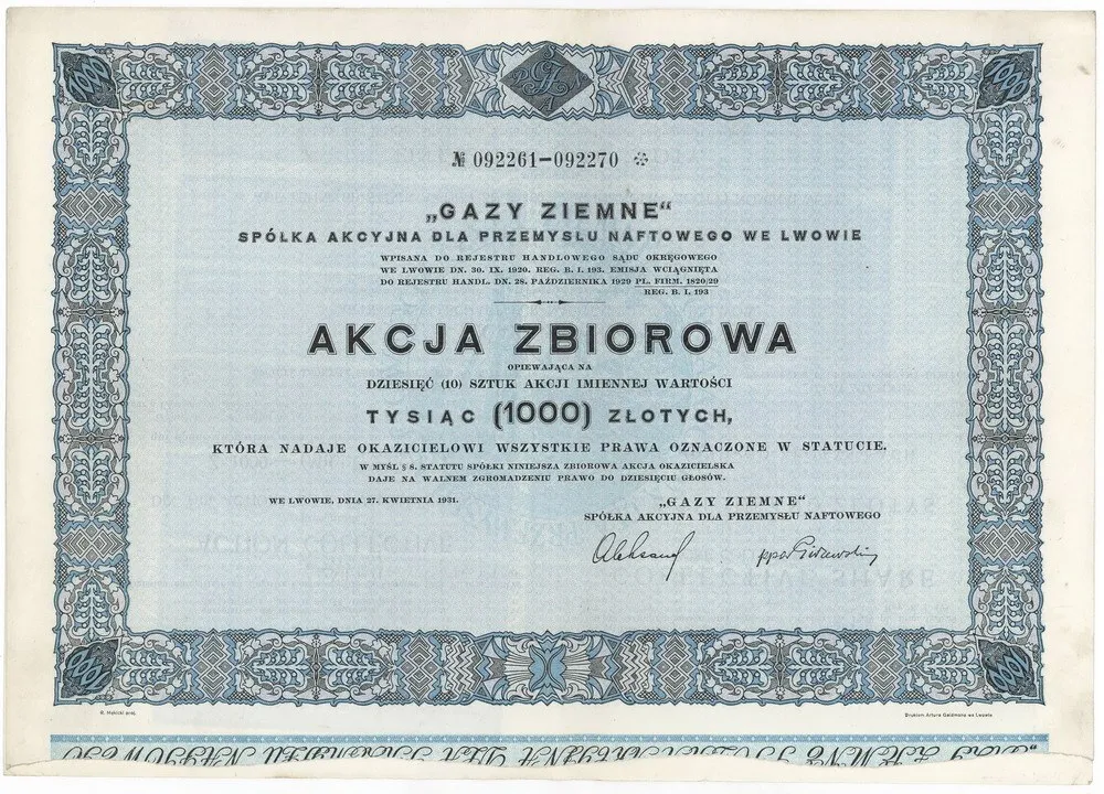 Zdjęcie akcji "Gazy Ziemne" Spółka Akcyjna dla Przemysłu Naftowego we Lwowie