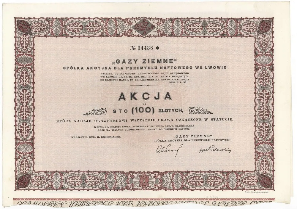 Zdjęcie akcji "Gazy Ziemne" Spółka Akcyjna dla Przemysłu Naftowego we Lwowie