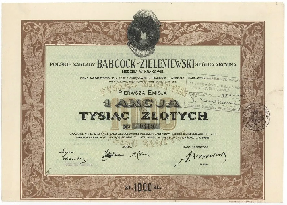 Zdjęcie akcji Polskie Zakłady "Babcock-Zieleniewski" Spółka Akcyjna