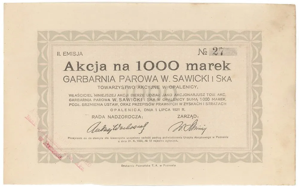 Zdjęcie akcji Garbarnia Parowa "W. Sawicki i Spółka" Towarzystwo Akcyjne w Opalenicy