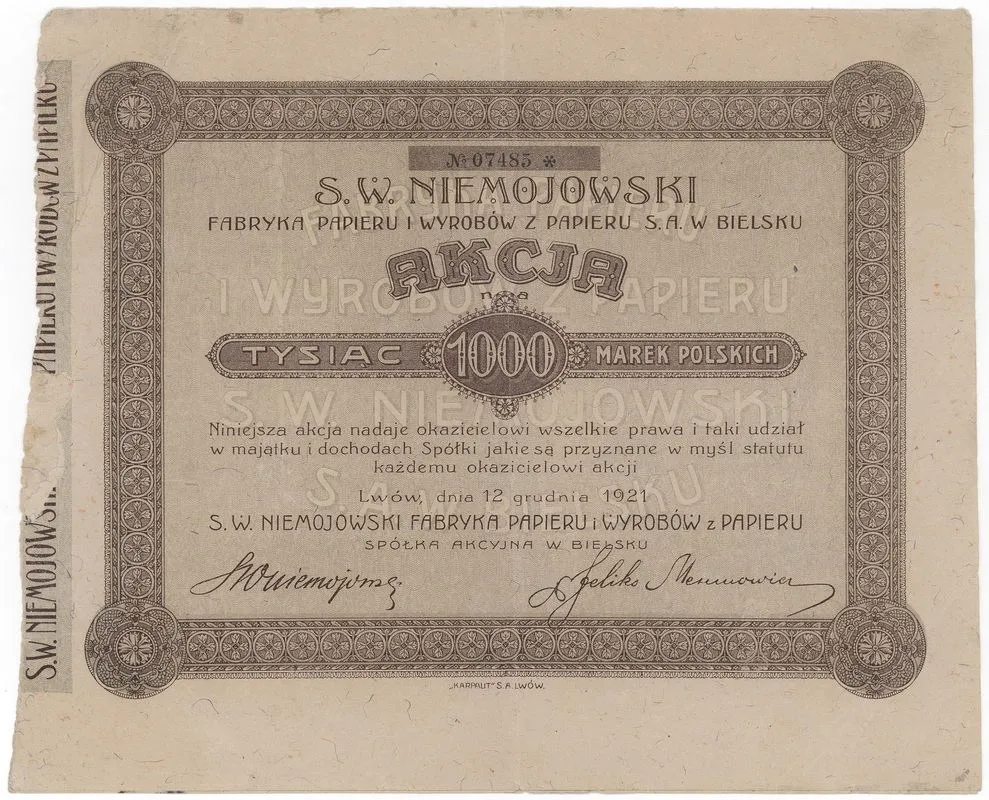 Zdjęcie akcji "S. W. Niemojowski" Fabryka Papieru i Wyrobów z Papieru Spółka Akcyjna w Bielsku