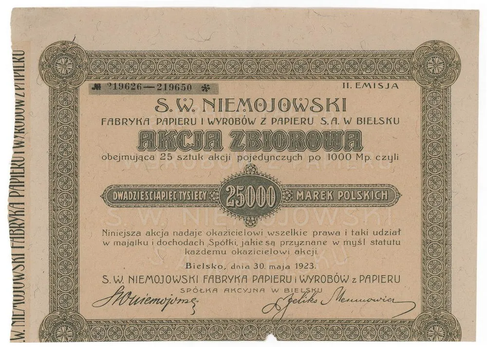 Zdjęcie akcji "S. W. Niemojowski" Fabryka Papieru i Wyrobów z Papieru Spółka Akcyjna w Bielsku