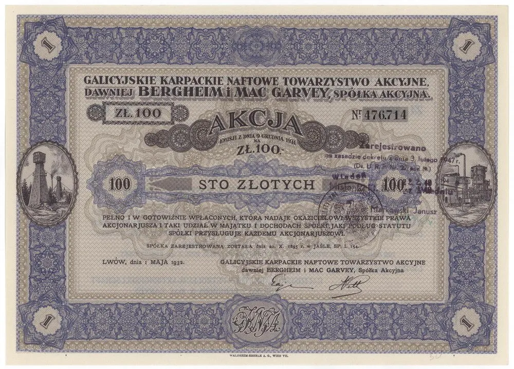 Zdjęcie akcji Galicyjskie Karpackie Naftowe Towarzystwo Akcyjne, dawniej Bergheim i Mac Garvey, Spółka Akcyjna