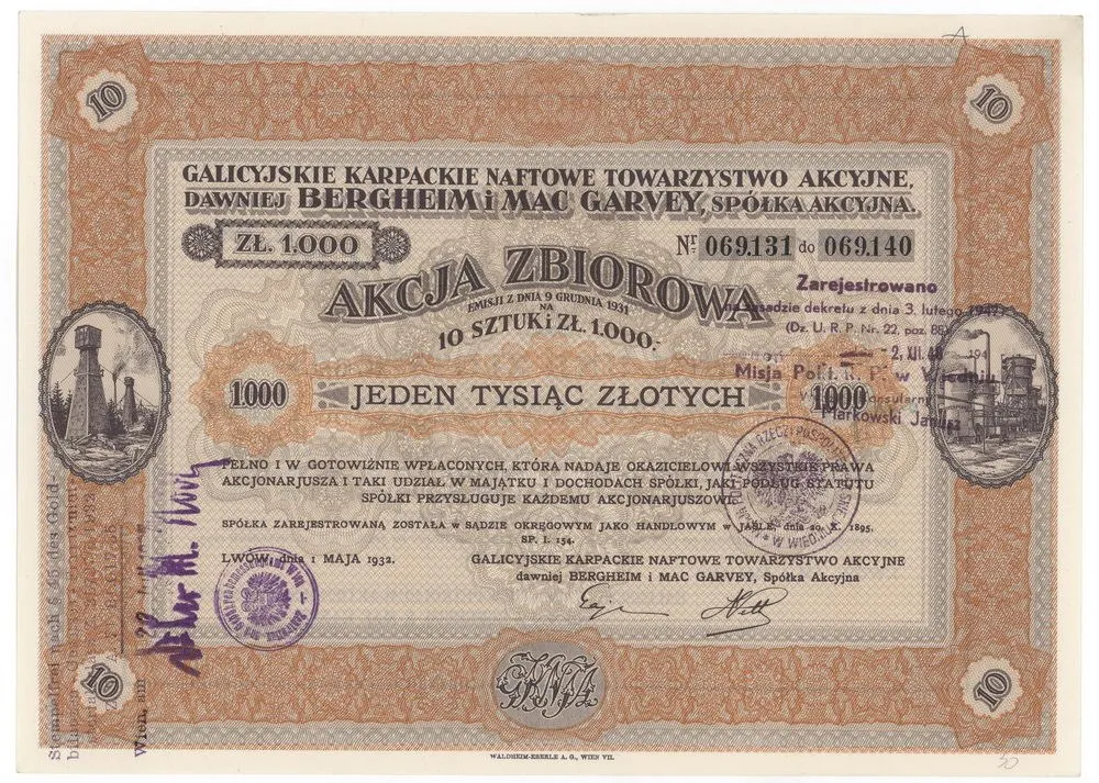Zdjęcie akcji Galicyjskie Karpackie Naftowe Towarzystwo Akcyjne, dawniej Bergheim i Mac Garvey, Spółka Akcyjna