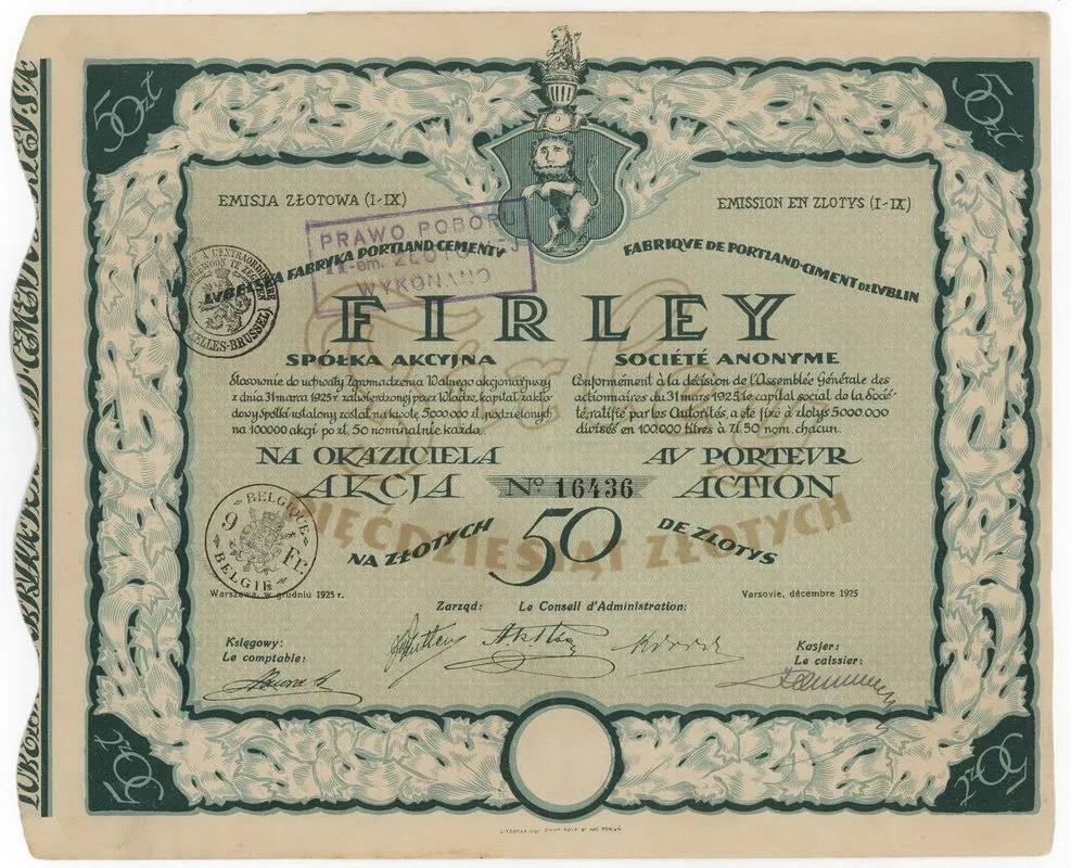 Zdjęcie akcji Lubelska Fabryka Portland-Cementu "Firley" Spółka Akcyjna