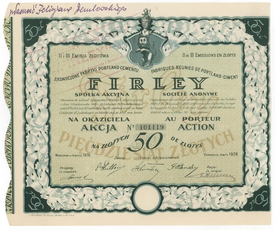 Zdjęcie akcji Zjednoczone Fabryki Portland-Cementu "Firley" Spółka Akcyjna