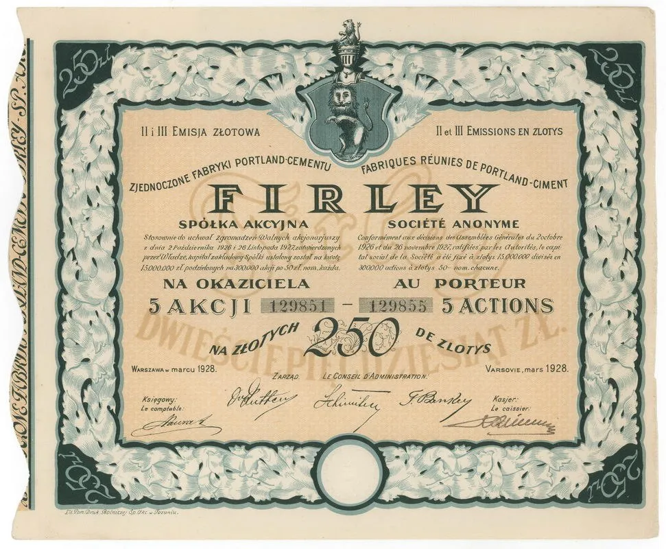Zdjęcie akcji Zjednoczone Fabryki Portland-Cementu "Firley" Spółka Akcyjna
