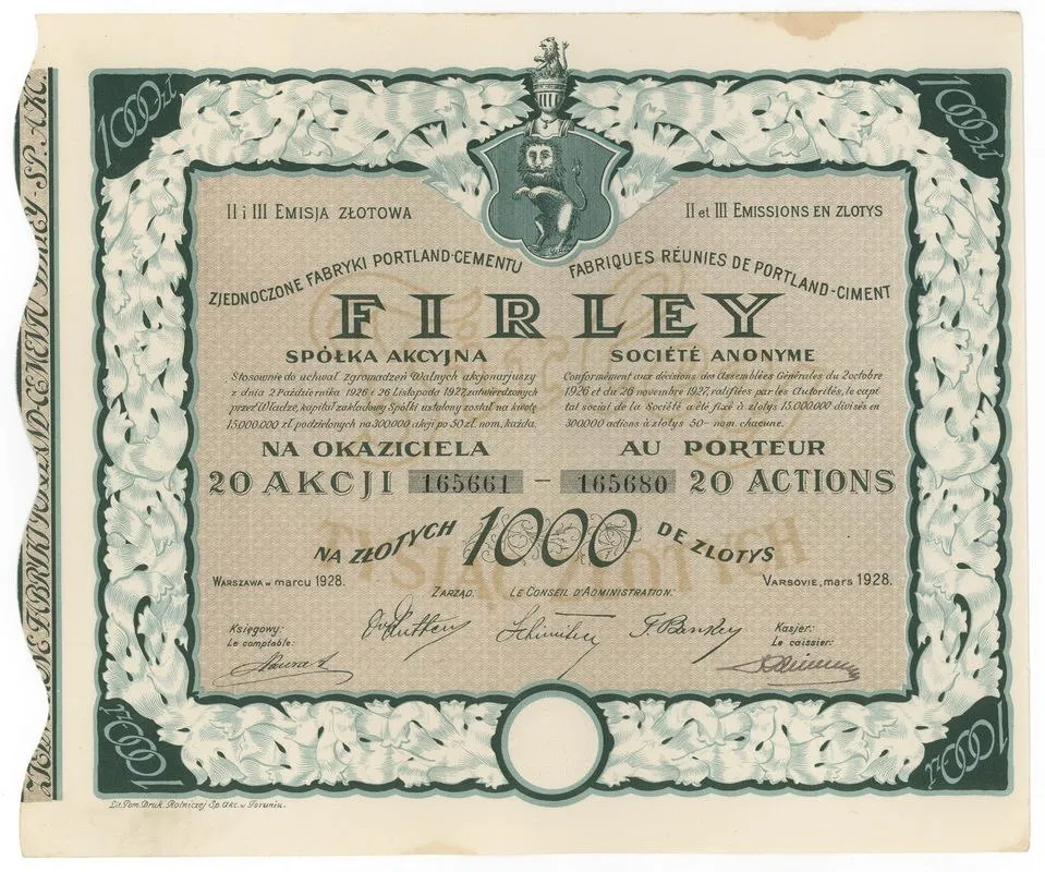 Zdjęcie akcji Zjednoczone Fabryki Portland-Cementu "Firley" Spółka Akcyjna