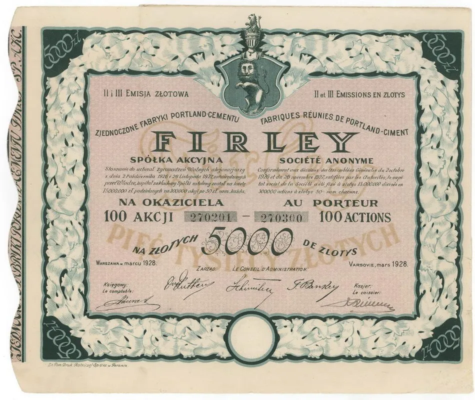 Zdjęcie akcji Zjednoczone Fabryki Portland-Cementu "Firley" Spółka Akcyjna
