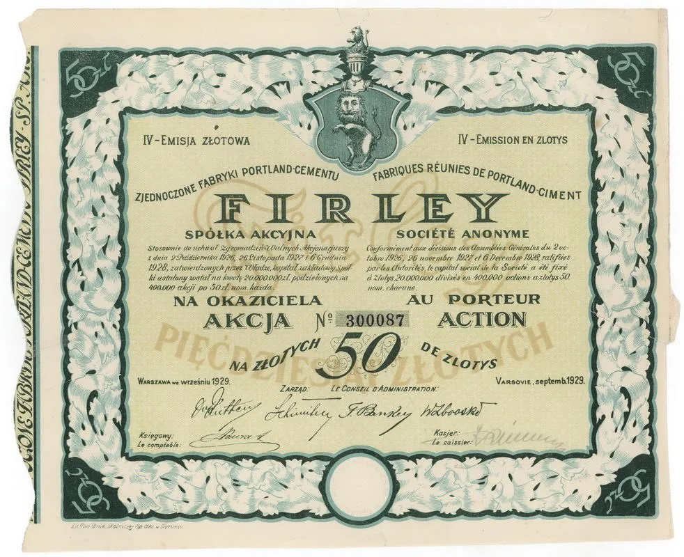 Zdjęcie akcji Zjednoczone Fabryki Portland-Cementu "Firley" Spółka Akcyjna